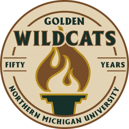Graphic of a torch with the text "Golden Wildcats, Fifty Years, Northern Michigan University"