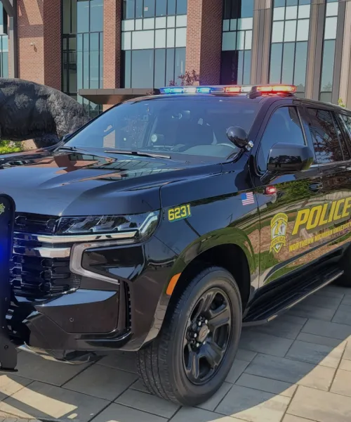 NMU Police Car parked next to the Wildcat statue