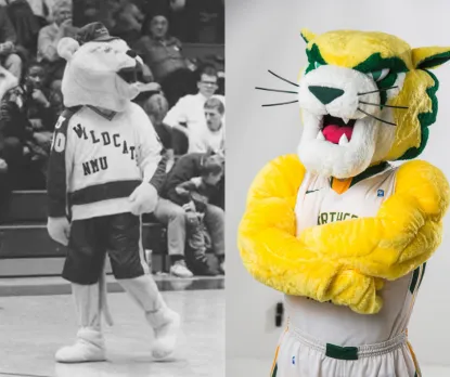 On the left, a vintage photo of NMU mascot Wildcat Willy and on the right, a current phot of NMU mascot Wildcat Willy
