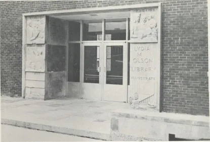 Black and white photo of the entrance from Lydia M. Olson Library in 1955