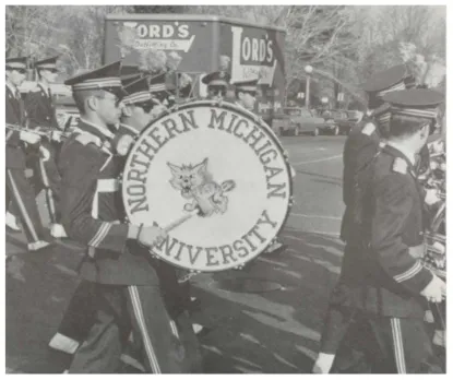 1980's black and white NMU marching band photo 