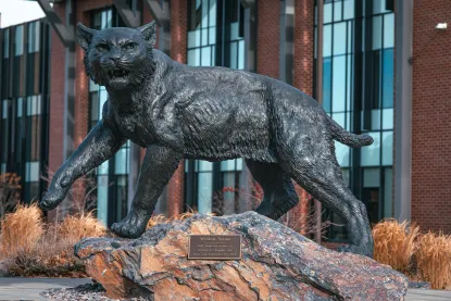 An autumn photo of Northern Michigan University's outdoor Wildcat statue 