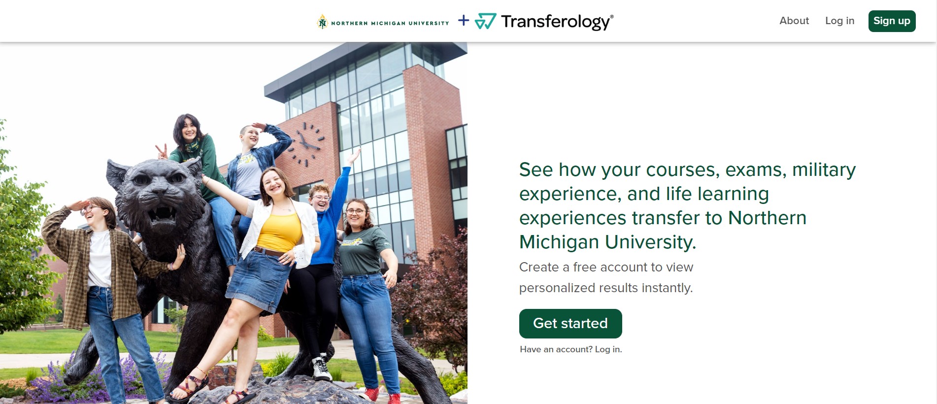 Login page of Transferology. Green text on white background with group of students standing around the Wildcat statue at NMU