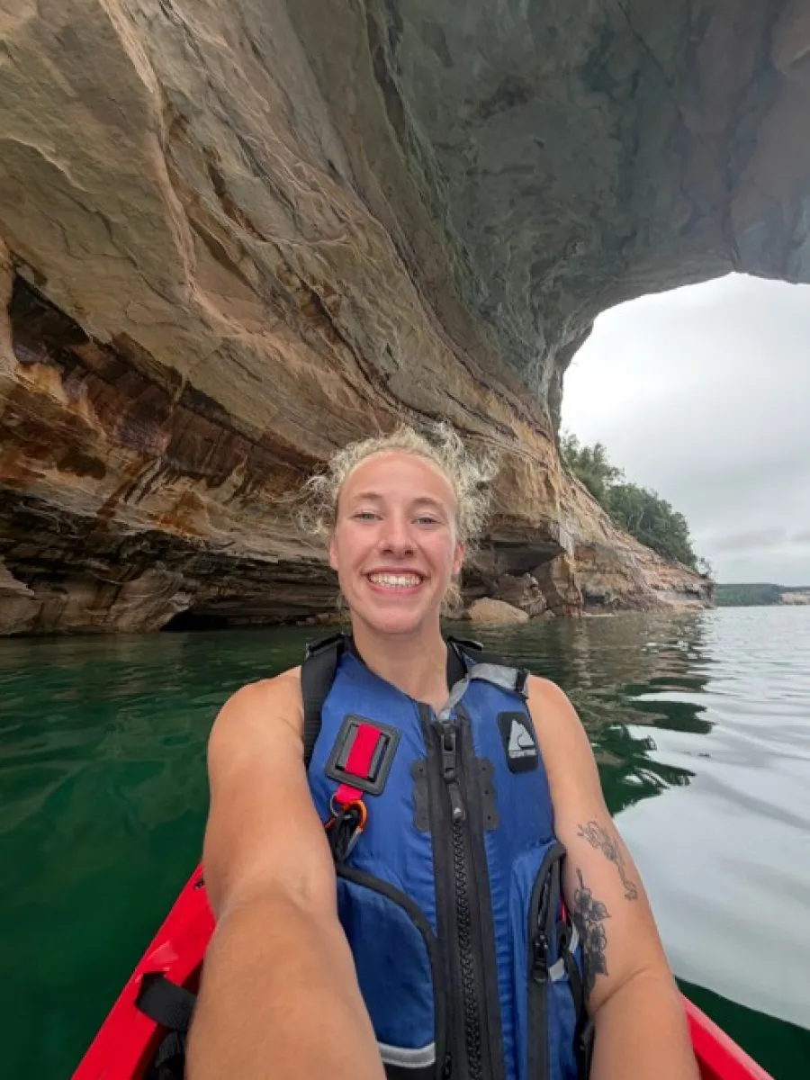 Lynsey Light's selfie while kayaking by Pictured Rocks