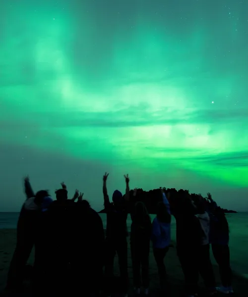 Students silhouettes cheering at the Northern Lights in the sky