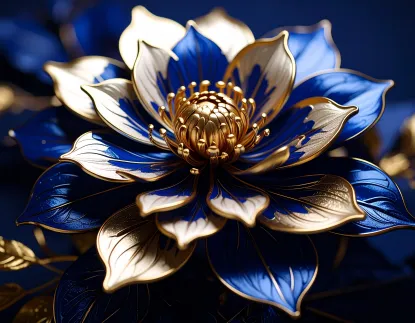 Metallic gold, white, and navy flower. 