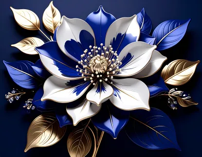 White and Blue metallic flower with gold leaves.