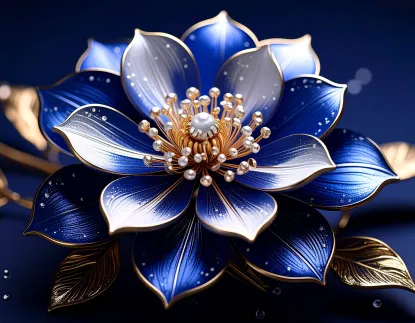 White, blue, and gold flower with pearl beads in the middle. 
