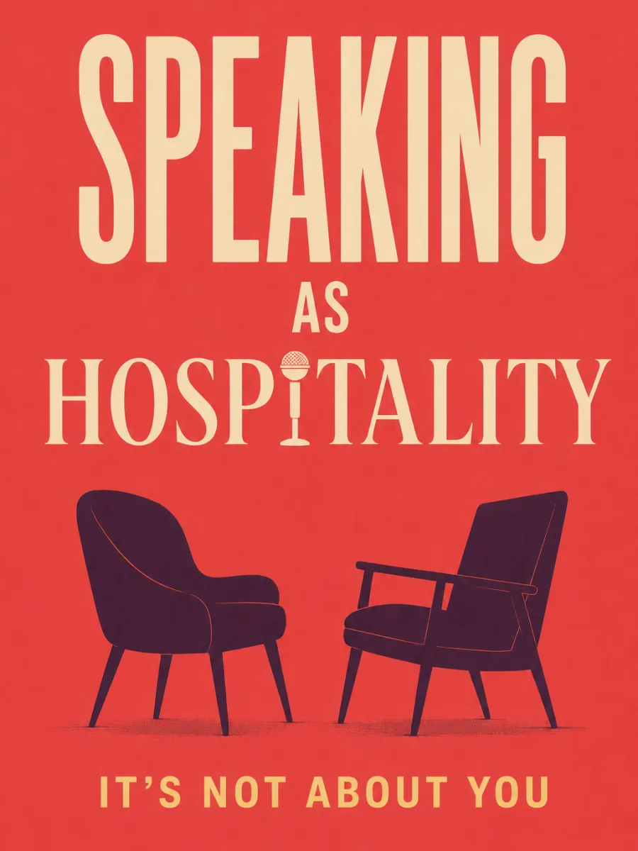 Red book cover with two chairs in the foreground with the title "Speaking As Hospitality".