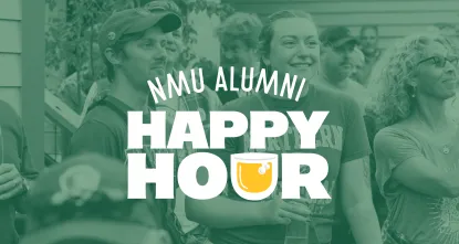 Two people in the foreground at Blackrocks Brewery at an alumni happy hour with a green duotone overlay. NMU Alumni Happy Hour logo is displayed in front.
