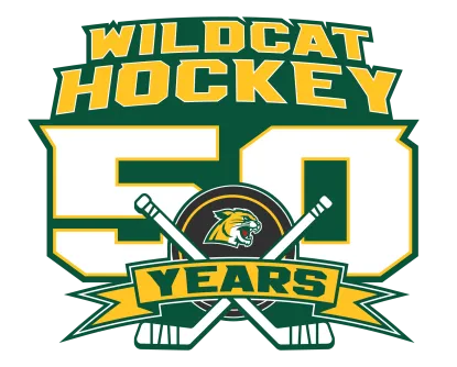 Logo that reads Wildcat Hockey 50 Years with two hockey sticks and a puck in the middle.