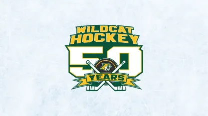 An image of a logo that reads Wildcat Hockey 50 Years and has imagery that includes two hockey sticks and the NMU Wildcat logo.