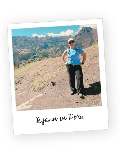 A polaroid mockup of a student in the mountains in Peru.