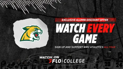 A graphic with the NMU Wildcat logo that reads Watch Every Game. Exclusive Alumni Discount Offer. Sign up and support NMU Athletics All Year. Watch on Flo College.