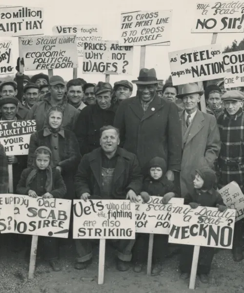 Front Banner of Steel Miners Striking