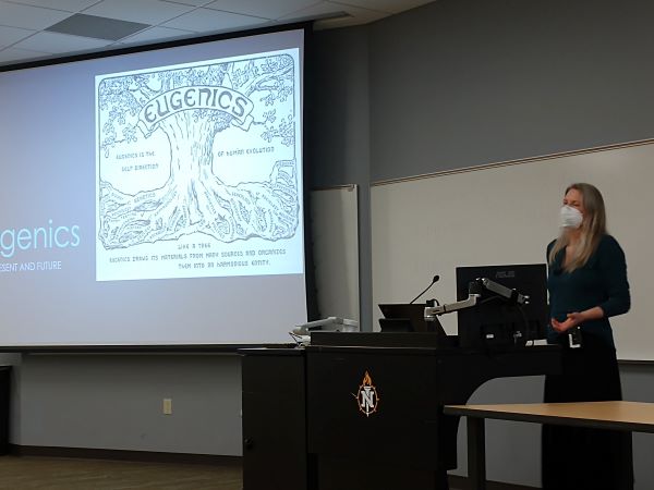 Dr. Kate Teeter giving a lecture on eugenics