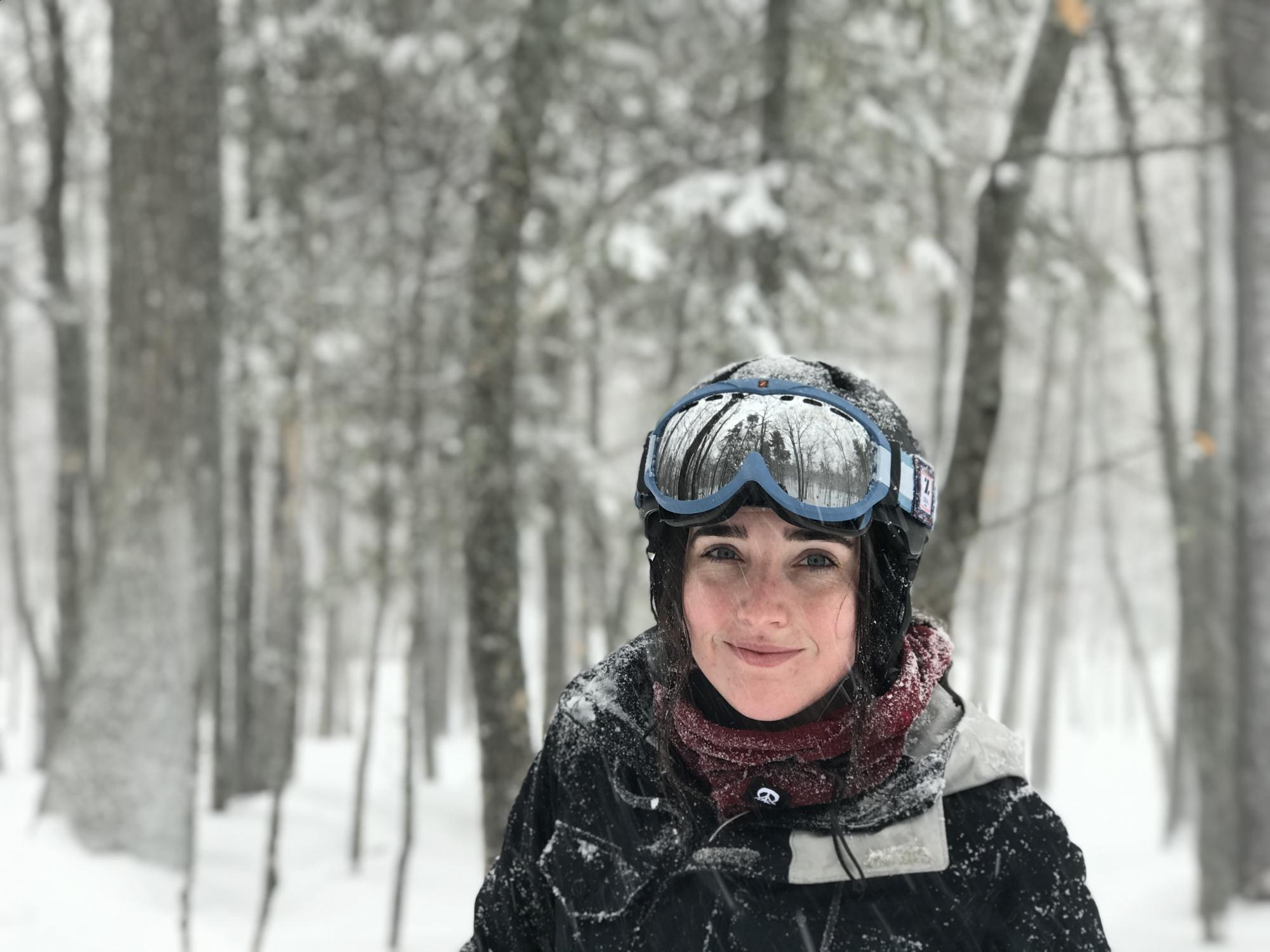 Analise with a ski helmet on