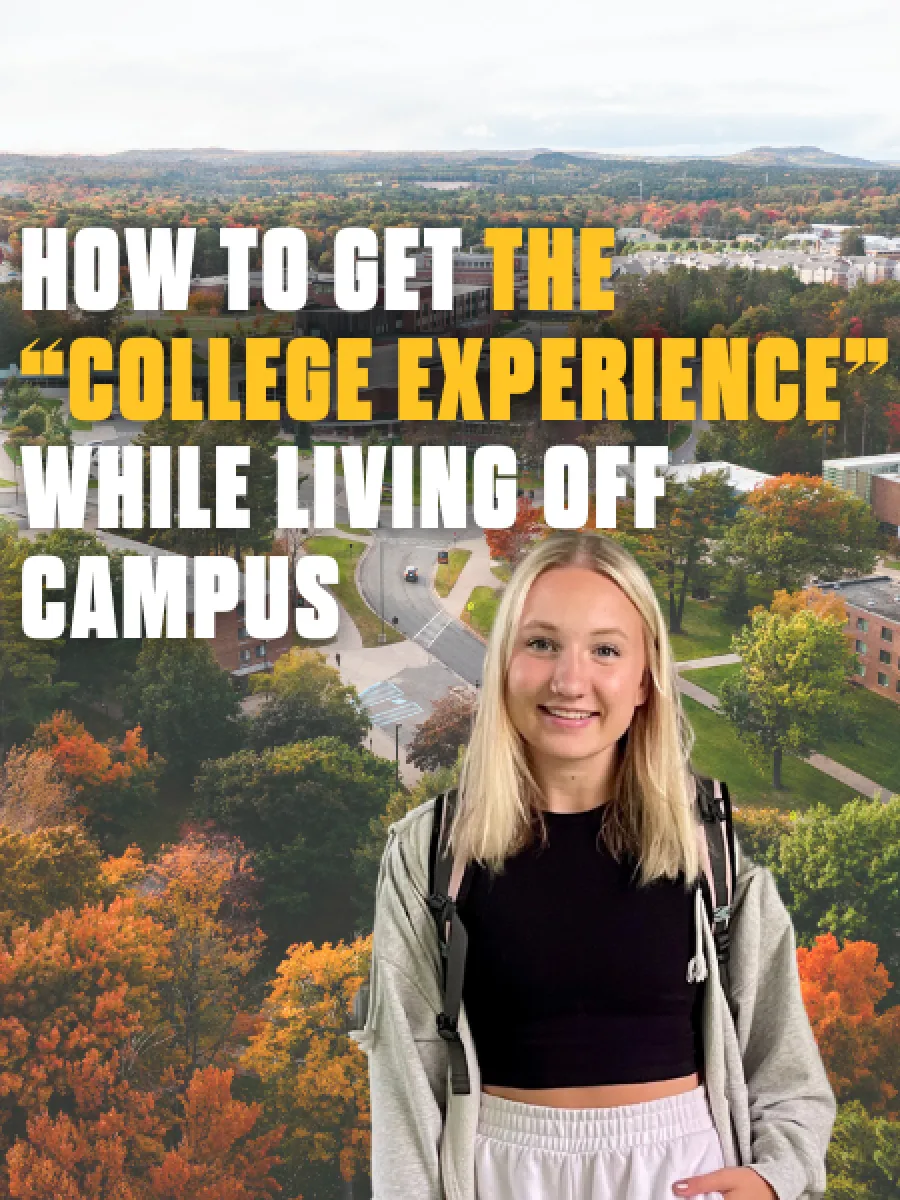 How to get the "College Experience" While Living Off Campus with photo of campus with a woman