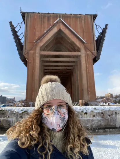 Dallas in front of Ore Dock with a mask