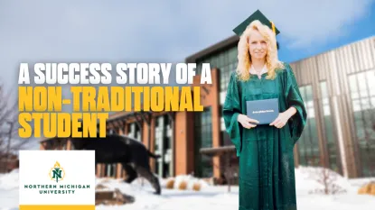 A success story of a non-traditional student over woman standing with diploma