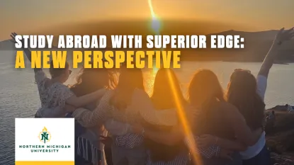 "Study Abroad with superior edge: a new perspective" a photo of six people posing in front of a sun set