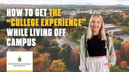 "HOW TO GET THE “COLLEGE EXPERIENCE” WHILE LIVING OFF CAMPUS" over picture of fall trees and campus with a picture of a woman