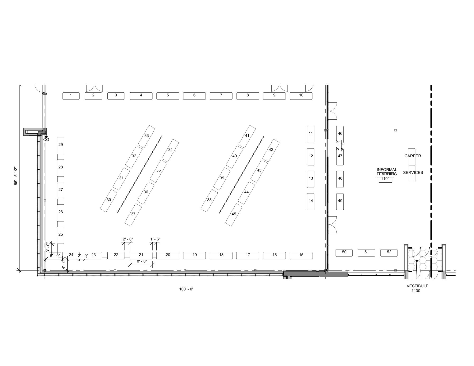 Floor plan layout showing numbered tables (1–52) arranged along walls and in angled rows.