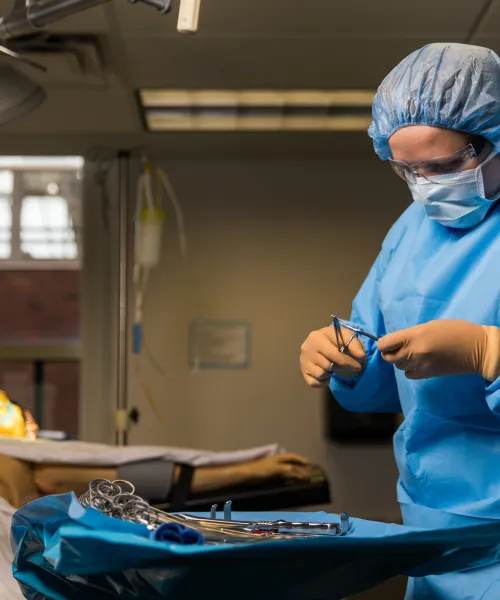 NMU student working in a surgical technology laboratory in scrubs