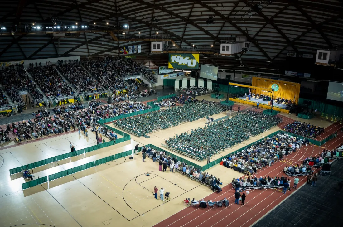 Aerial view of commencement within the Dome