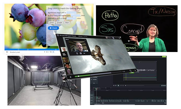 Photographs of studio 102 showing empty and with woman writing concept map; voicethread screenshot;camtasia video editing screenshot; h5p screenshot showing drag and drop activity
