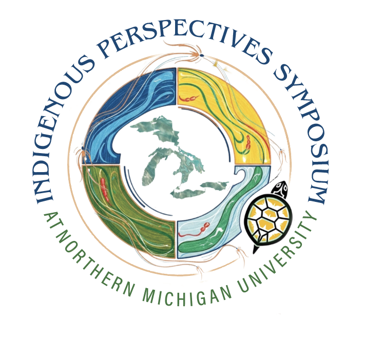Indigenous Perspectives Symposium” curve around the top, and “Northern Michigan University” curves around the bottom. The design includes blue, yellow, green, and teal sections representing natural elements, along with a small circular Indigenous-inspired symbol on the lower right.