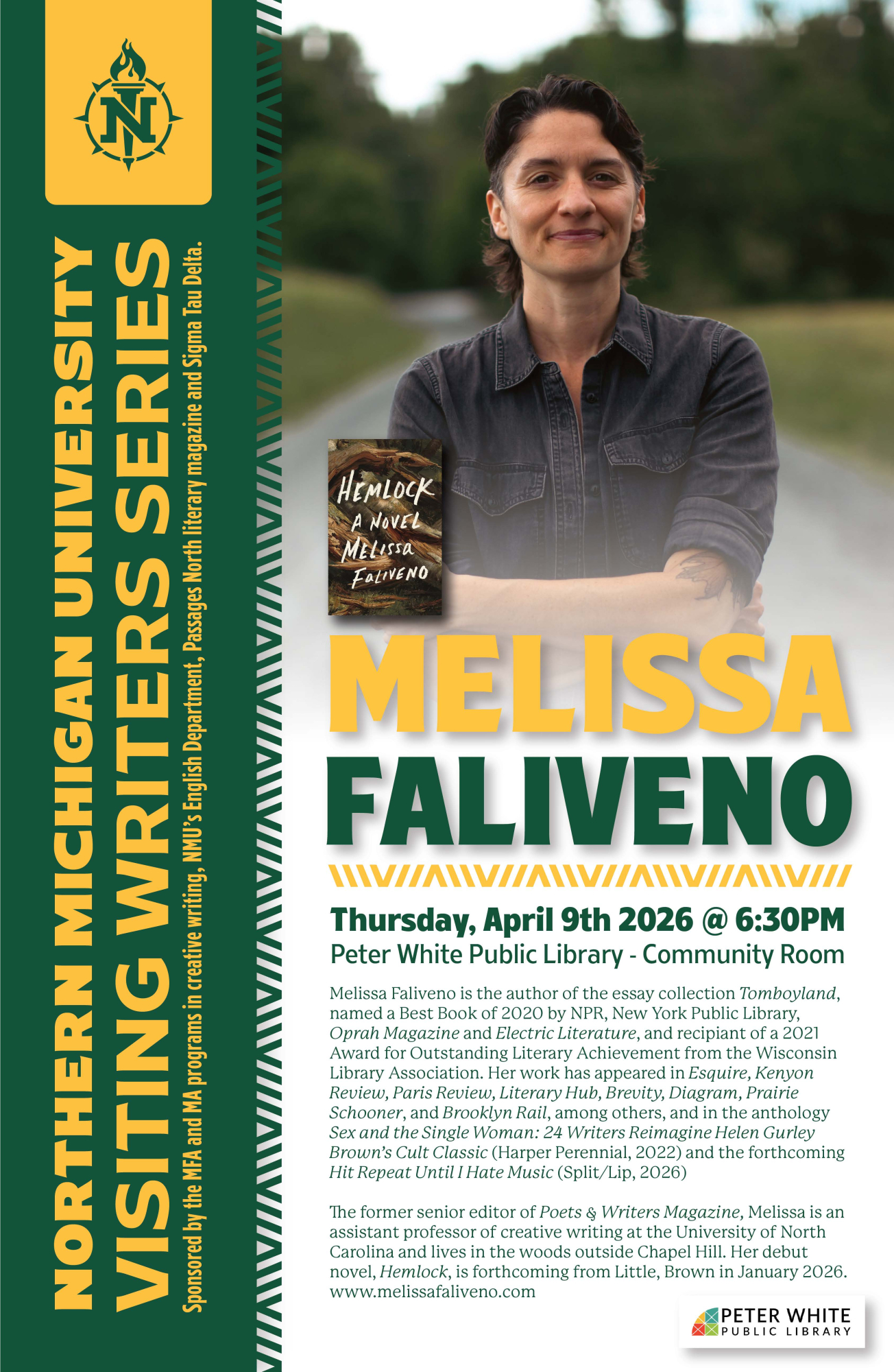 Poster of author Melissa Faliveno advertising her upcoming reading at NMU on Thursday April 9, 2026 at 6:30pm at the Peter White Library
