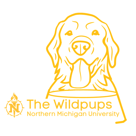 The NMU Wildpups logo, a drawing of a dog with the NMU torch logo