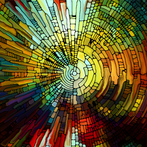 Watercolor image of a brilliant radiating stained glass window