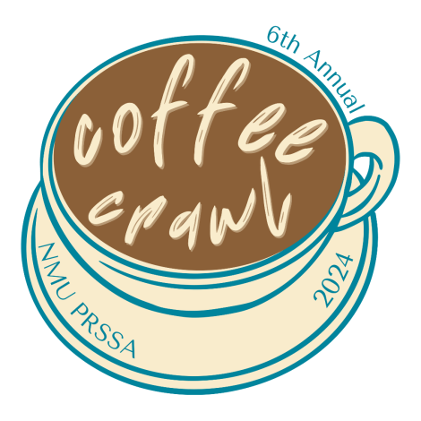 "6th Annual Coffee Crawl, NMU PRSSA, 2024" Over graphic of a cup of coffee