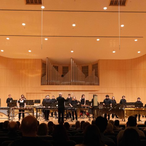 NMU Percussion Ensemble on stage in Reynolds Recital Hall