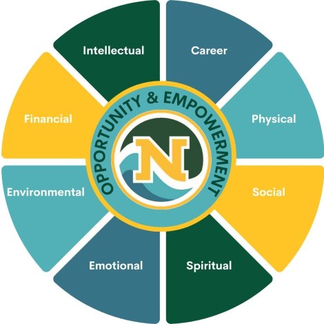 WellBeing Wheel, divided into 8 wedges of physical, social, spiritual, emotional, environmental, financial, intellectual, and career.