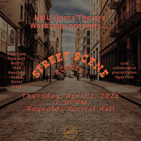 Image of an old, brick street with cars and people in the distance.  NMU Opera Theatre Workshop presents Street Scene Scenes on Thursday, April 2, 2026 at 7:30 pm in Reynolds Recital Hall.