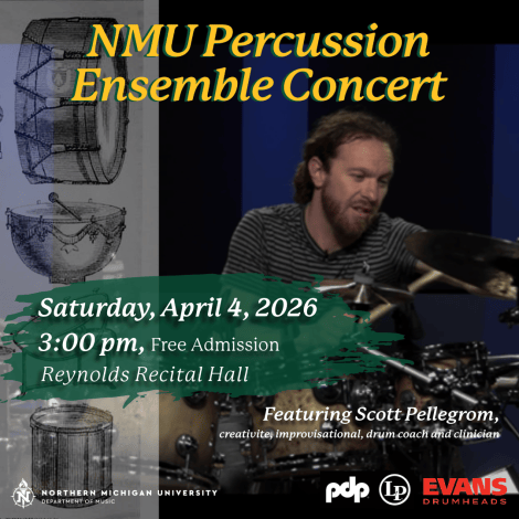 Drummer Scott Pellegrom is pictured along with black and white images of different types of drums.  