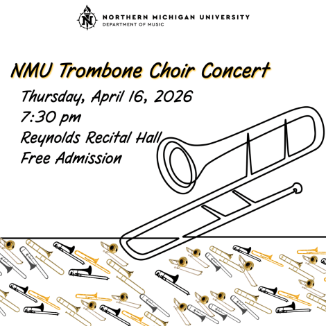 An image of a trombone and many others underneath, symbolizing a trombone choir. 