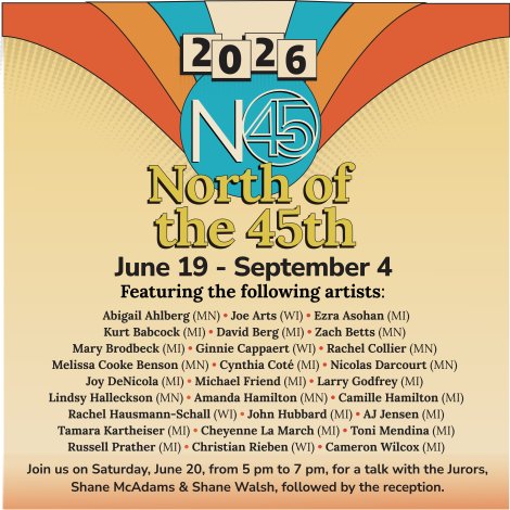 The poster features highly saturated yellow, orange, and a blue teal. The N45 logo is in a teal circle; the poster utilizes a serif font and provides information on the participating artists and reception details. 