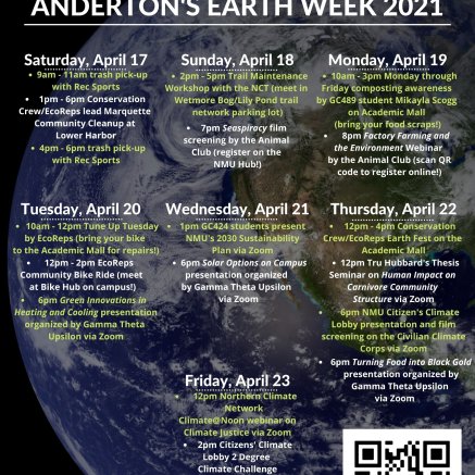 Poster displaying details of Earth Week happening April 17th through April 23rd.  