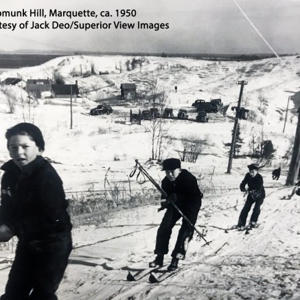 photo of skiers going up chipmunk hill ca. 1950