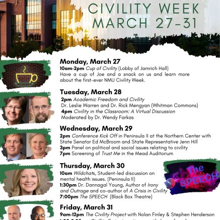 Poster of events for Civility Week. Inquire at 906-227-2045 or nmu.edu/cams/civility