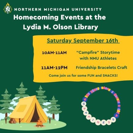 Illustration of a tent and friendship bracelet, with the words "Homecoming Events at the Lydia Olson Library"