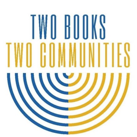 the words "two books, two communities" above half circles