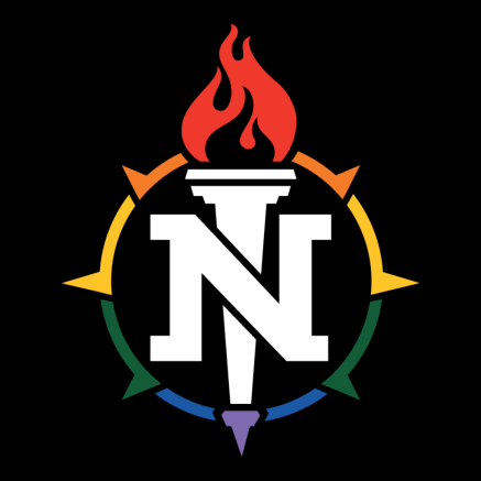 Photo is the northern torch logo, but with rainbow colors. The flame is rainbow and each side goes down with orange, yellow, green, and blue, with the bottom of the torch being purple.