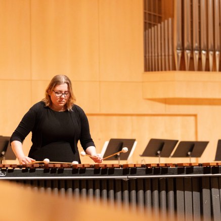 Marimba soloist plays 4 mallet technique