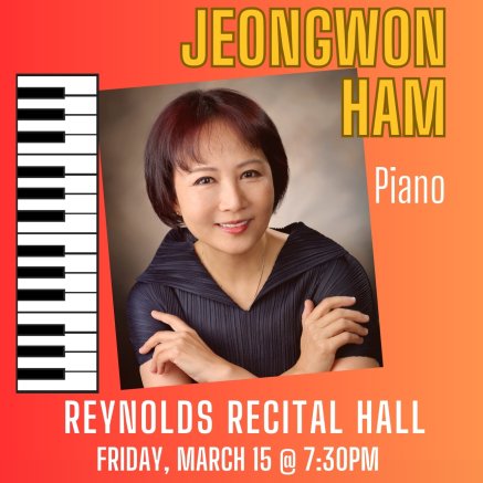 Poster reads "Jeongwon Ham, piano", with headshot of Ham, and concert info