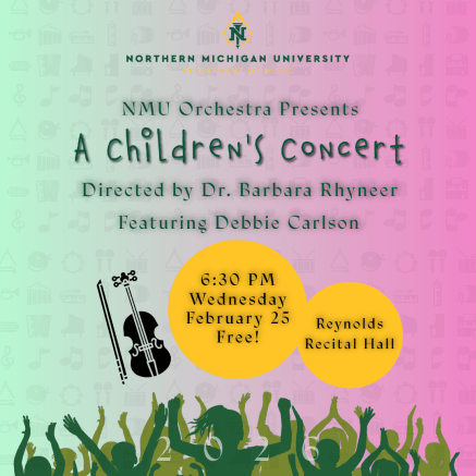 Children cheering and clapping with the image of a violin and bow.